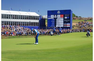 Tommy Fleetwood holes a vital putt for Team Europe in the foursomes on Friday.