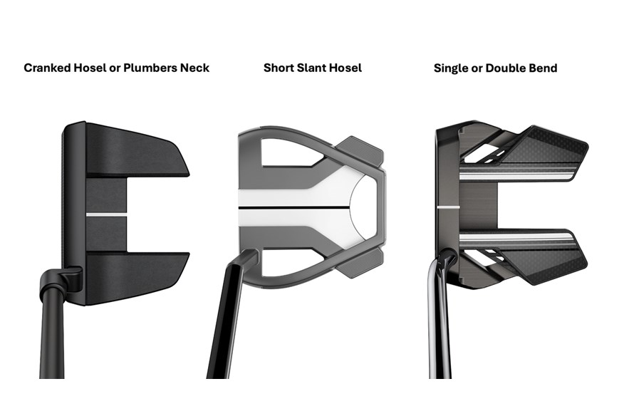 Three MOI putters to show the difference in head shape and hosel type