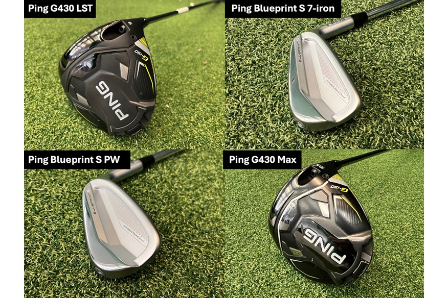 The two Ping drivers, 7-iron and pitching wedge used for this robot test.